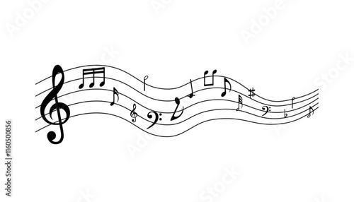 Music background with notes isolated on white background. Varieties of musical notes.