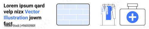 Text with sample Latin script, brick wall, clothes hangers with shirts, and first aid kit box with medical cross. Ideal for web design, UXUI, toolkits, medical themes, construction wardrobe