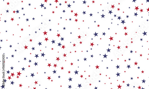 The postcard is strewn with blue and red stars on a white background, design element