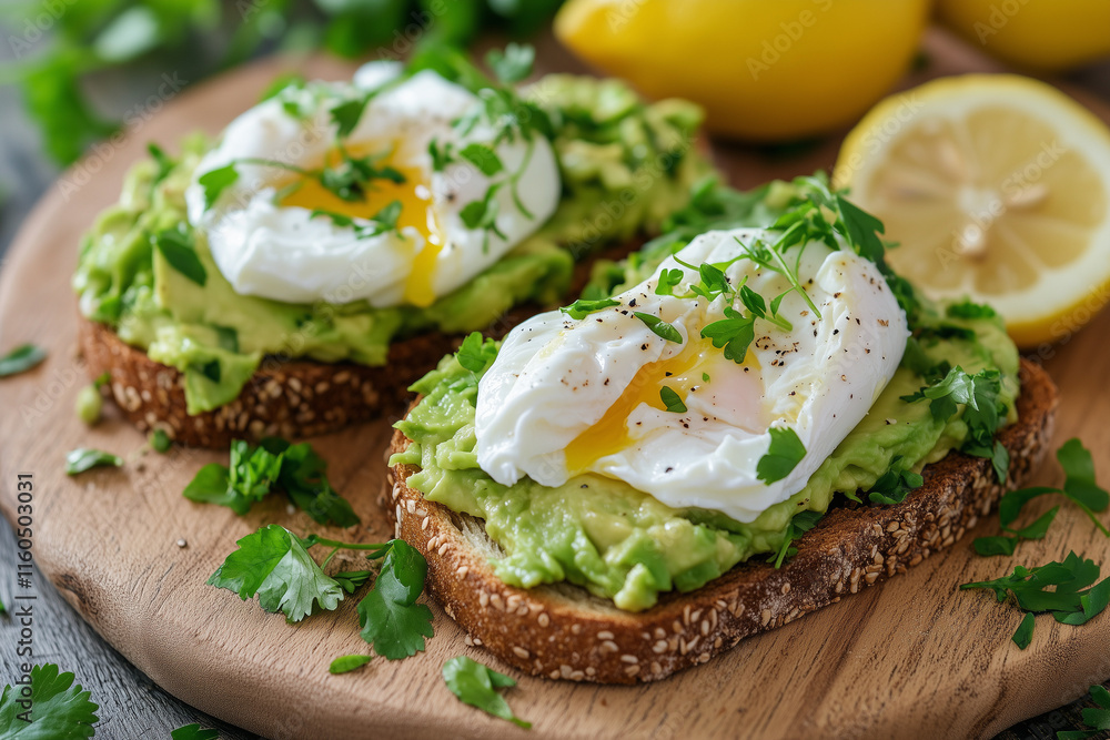 Springtime brunch with avocado toast and poached eggs, High-definition photography, Bright indoor light, vibrant greens and golds, fresh and light mood Springtime brunch with avocado toast and poached eggs, High-definition photography, Bright indoor light, vibrant greens and golds, fresh and light mood