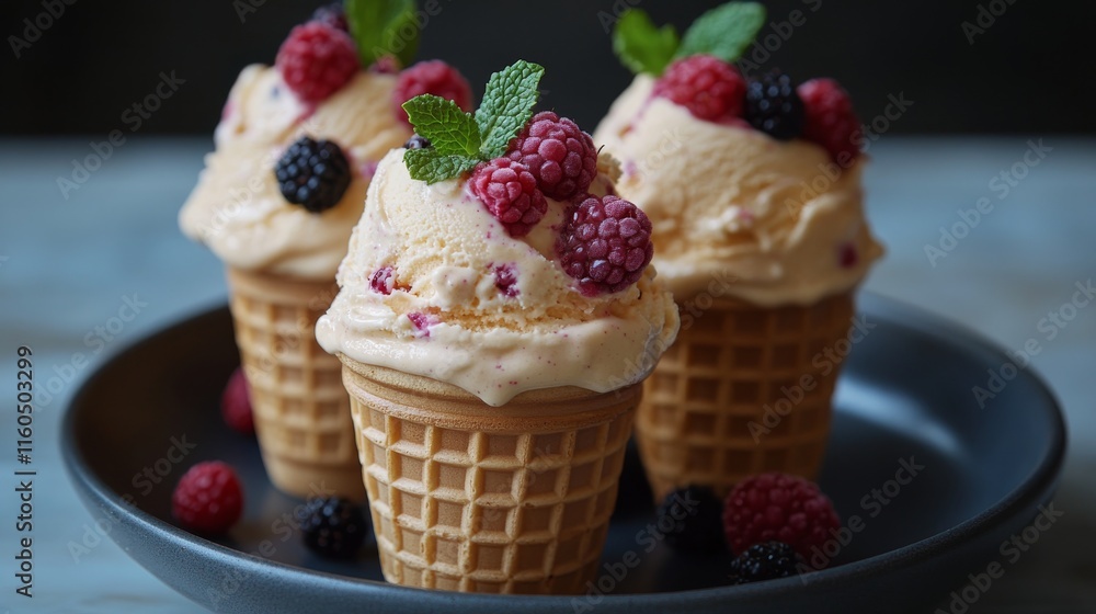 Indulgent ice cream cone topped with fresh raspberries and mint leaves on a bright table Indulgent ice cream cone topped with fresh raspberries and mint leaves on a bright table