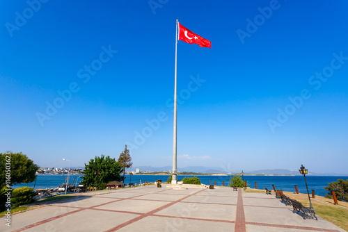 Turkish flag at the peace park viewpoint in Didim city in Turkey photo