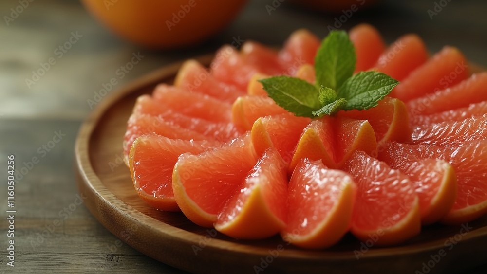 A close-up of sliced grapefruit segments arranged in a flower shape on a wooden plate with sprigs of mint. Vibrant health focus. A close-up of sliced grapefruit segments arranged in a flower shape on a wooden plate with sprigs of mint. Vibrant health focus.