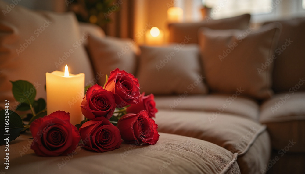 Romantic red roses and glowing candles in cozy living room, love Romantic red roses and glowing candles in cozy living room, love