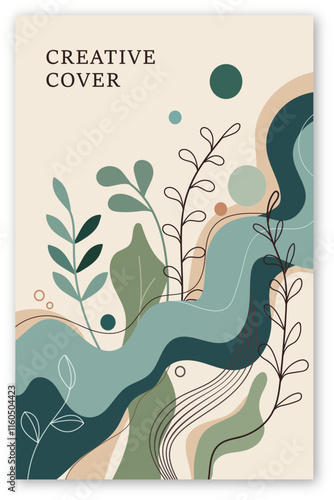 Abstract artistic cover design featuring organic shapes, flowing lines, and botanical elements in green and beige tones with text reading 'Creative Cover