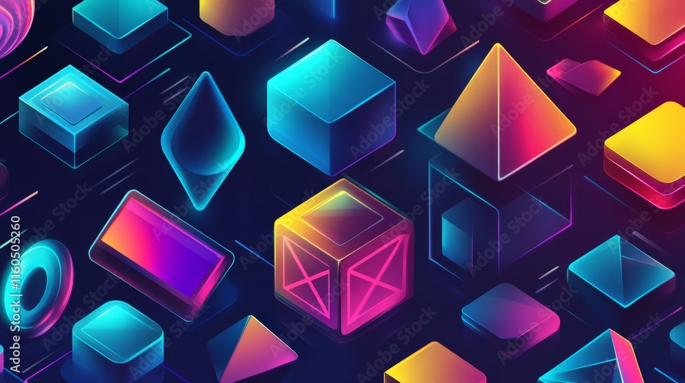 Geometric shapes in isometric style with gradient. Futuristic seamless pattern. Retrowave. Geometric shapes in isometric style with gradient. Futuristic seamless pattern. Retrowave.