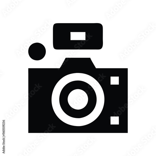 Simple black and white camera icon with flash