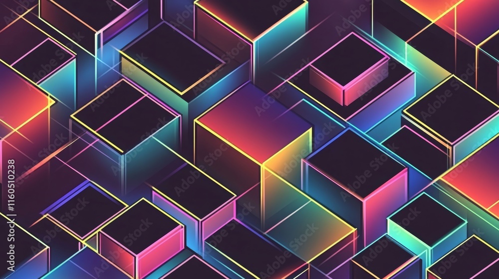 Geometric shapes in isometric style with gradient. Futuristic seamless pattern. Retrowave. Geometric shapes in isometric style with gradient. Futuristic seamless pattern. Retrowave.