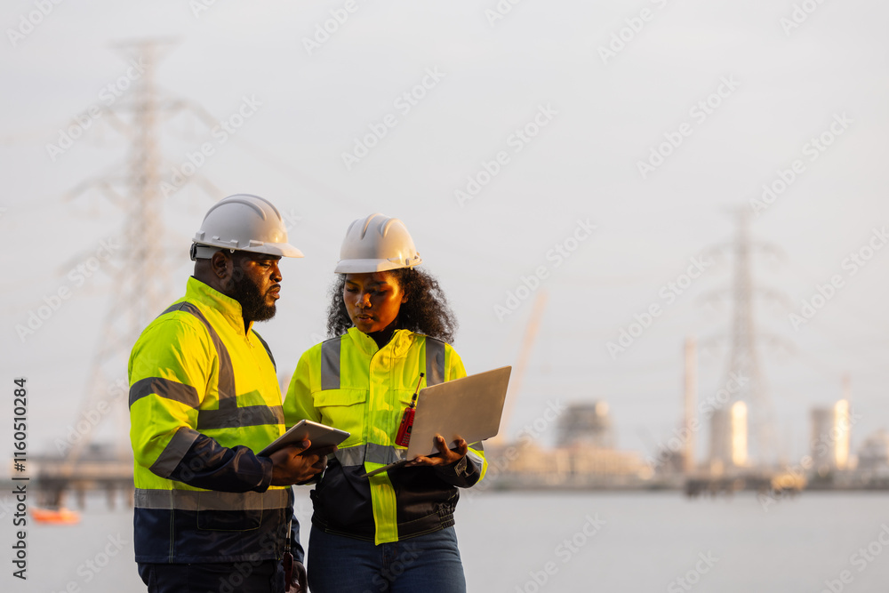 Fototapeta premium Two engineers in safety helmets and high-visibility jackets discuss work while holding a tablet and clipboard at a power plant site,with transmission towers and industrial structures in the background