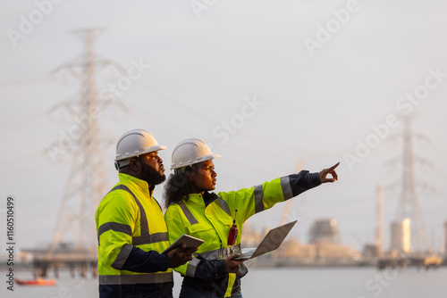 Two engineers in safety helmets and high-visibility jackets discuss work while holding a tablet and clipboard at a power plant site,with transmission towers and industrial structures in the background