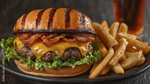 A juicy gourmet burger with a grilled beef patty, melted cheddar cheese, crispy bacon, and fresh lettuce, served on a brioche bun with fries and a glass of cola.  photo