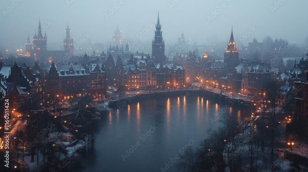Fototapeta premium Snowy, foggy city at night with river reflections.