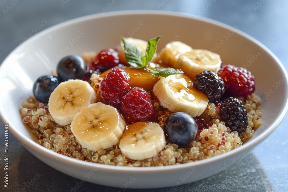 Delicious quinoa bowl topped with fresh fruits and syrup served in a cozy cafe setting Delicious quinoa bowl topped with fresh fruits and syrup served in a cozy cafe setting