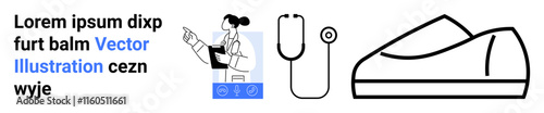 Medical professional pointing at document, stethoscope, and orthopaedic shoe. Ideal for healthcare, medical websites, hospital landing pages, medical equipment shops, healthcare blogs, clinic