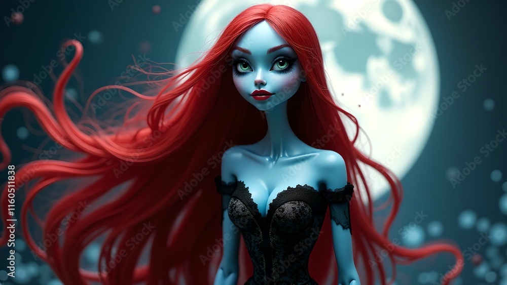 Cartoon character girl doll with red hair at night on the background of the moon Cartoon character girl doll with red hair at night on the background of the moon