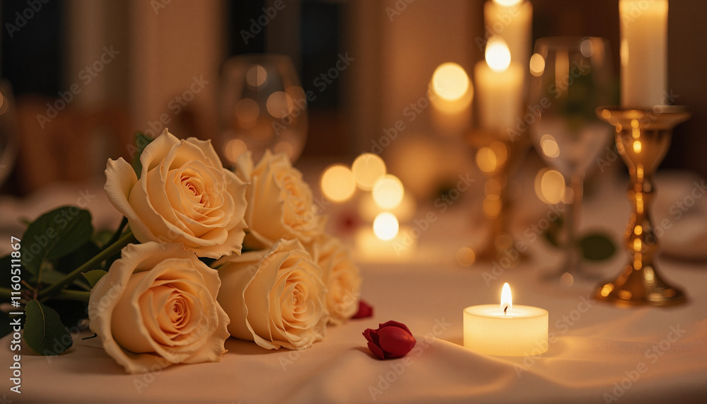 Elegant romantic dinner setting with white roses and candles, intimacy Elegant romantic dinner setting with white roses and candles, intimacy