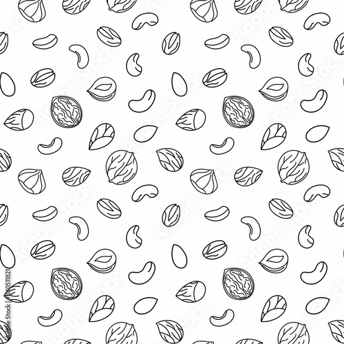 Seamless pattern with different nuts, outline. Peanut, walnut, hazelnut, pistachio, almond and cashew. Concept of healthy food. Hand drawn sketches, doodle, vector pattern.