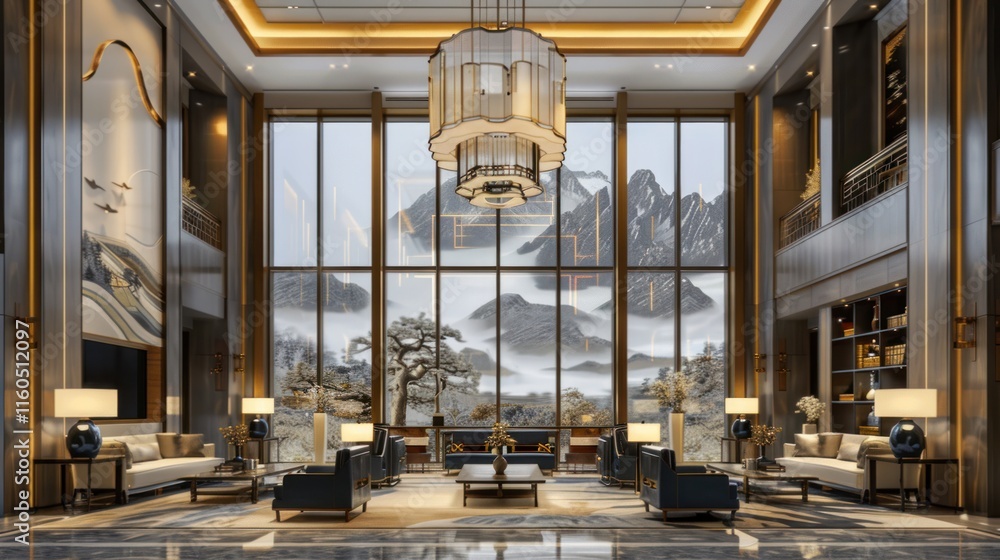 Fototapeta premium Luxurious modern hotel lobby with panoramic mountain views.