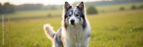 Polish Lowland Sheepdog portrait in golden hour sunlight for dog lovers or countryside design projects photo