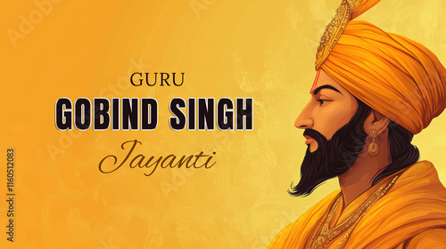 Happy Guru Gobind Singh Jayanti Banner with Avatar of Guru Gobind Ji Illustration. Fictional Character Created By Generative AI.
