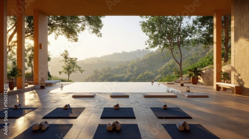 A morning yoga class on a sunlit terrace overlooking a serene valley