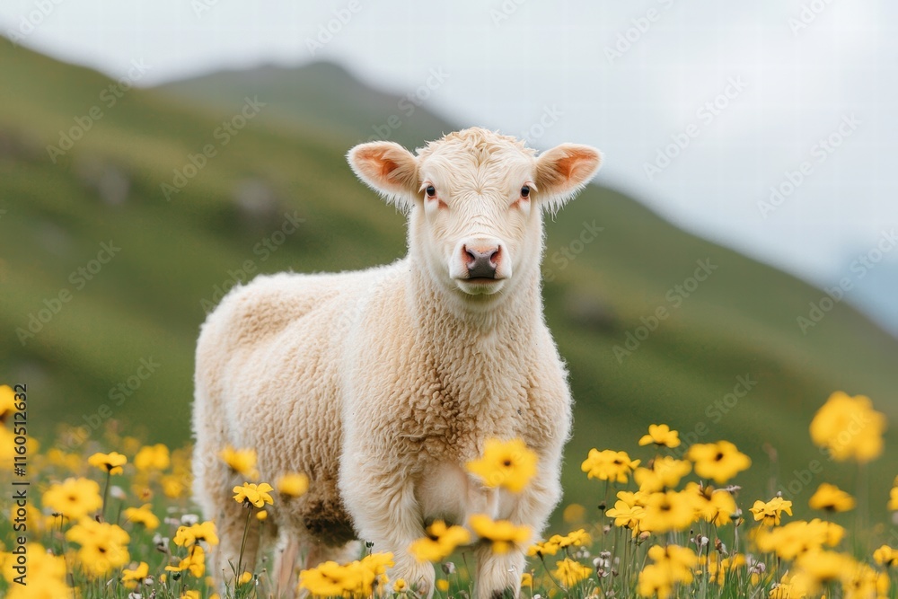 Obraz premium Emotional Value concept. A sheep standing among vibrant yellow flowers in a lush green landscape.