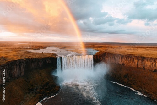 Emotional Value concept. Vibrant waterfall with a rainbow under a colorful sky at sunset.