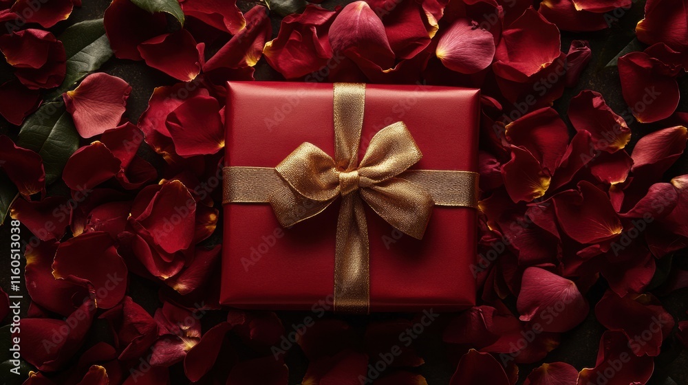 A beautifully wrapped red gift box with a golden bow, surrounded by rose petals A beautifully wrapped red gift box with a golden bow, surrounded by rose petals