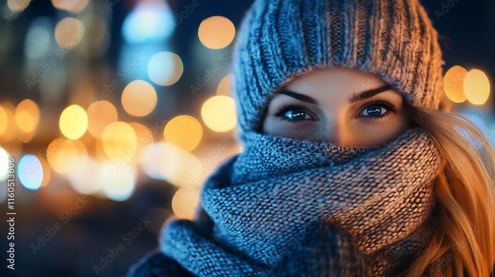 A stunning night-time close-up of a young woman in warm winter knitted clothes, scarf delicately covering her lower face, with a blurred urban backdrop. A stunning night-time close-up of a young woman in warm winter knitted clothes, scarf delicately covering her lower face, with a blurred urban backdrop.