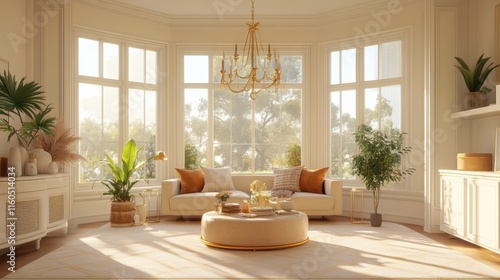 A bright and luxurious living room with large bay windows, golden accents, and a vintage chandelier photo