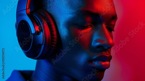 Male Listening to a Song with Headphones in Neon Light Effect in Dark