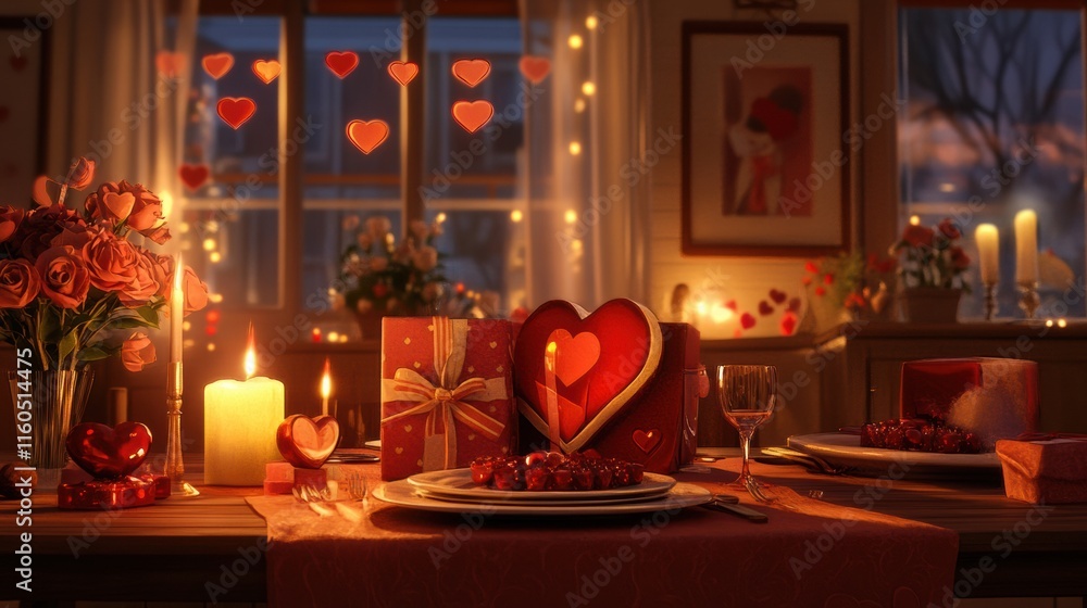 A candlelit dinner scene with Valentine gifts prominently displayed A candlelit dinner scene with Valentine gifts prominently displayed