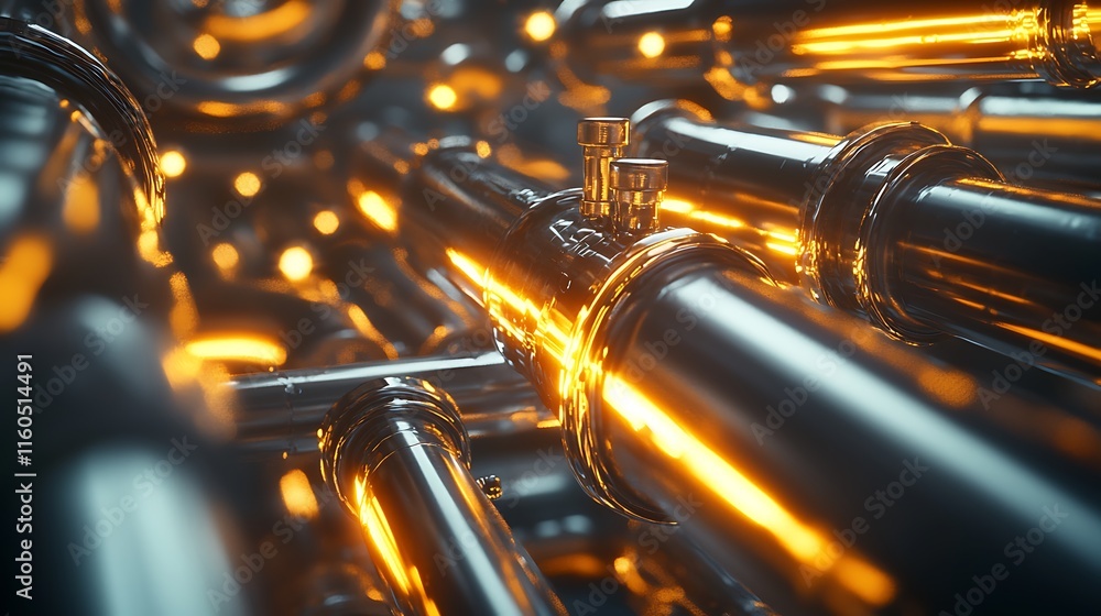 Naklejka premium A series of pipes are shown in a metallic, glowing hue