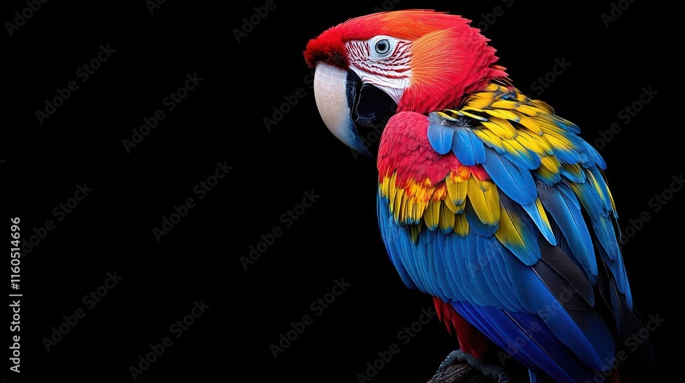 Obraz premium A vibrant parrot with red, blue, and yellow feathers against a black background.