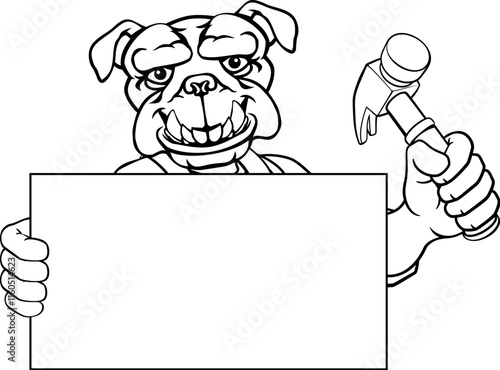 A bulldog handyman or carpenter cartoon construction man mascot character holding a hammer tool