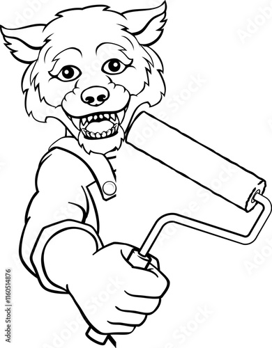 A wolf painter decorator handyman cartoon construction man mascot character holding a paint roller tool