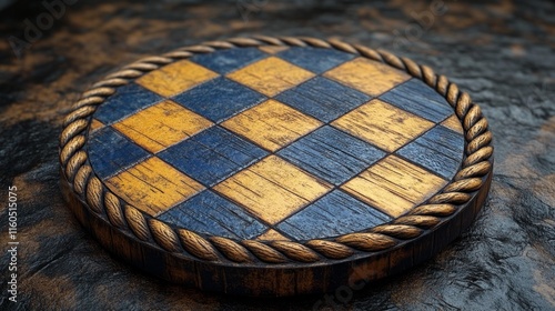 A rustic circular wooden board with a blue and yellow checkered pattern. Generative AI photo