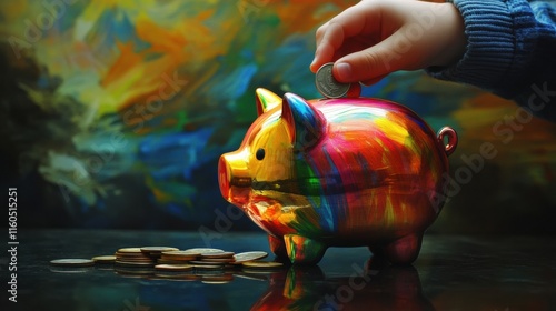 A child putting coins into a colorful piggy bank photo