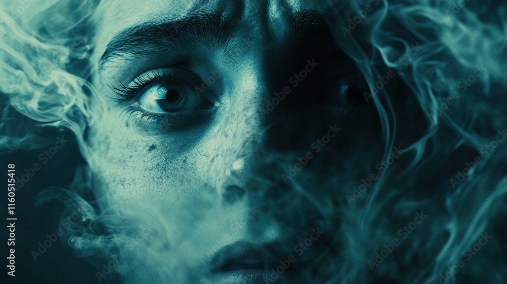 A close-up of fear on someone face, with ghostly wisps and dark shadows enhancing the eerie vibe A close-up of fear on someone face, with ghostly wisps and dark shadows enhancing the eerie vibe