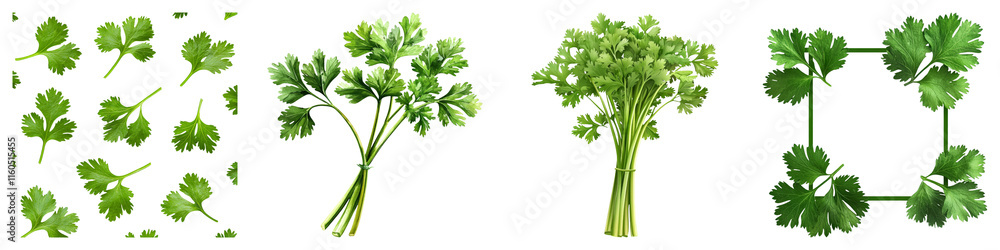 Coriander-Clipart concept. Fresh cilantro arranged in various styles on Transparent background.