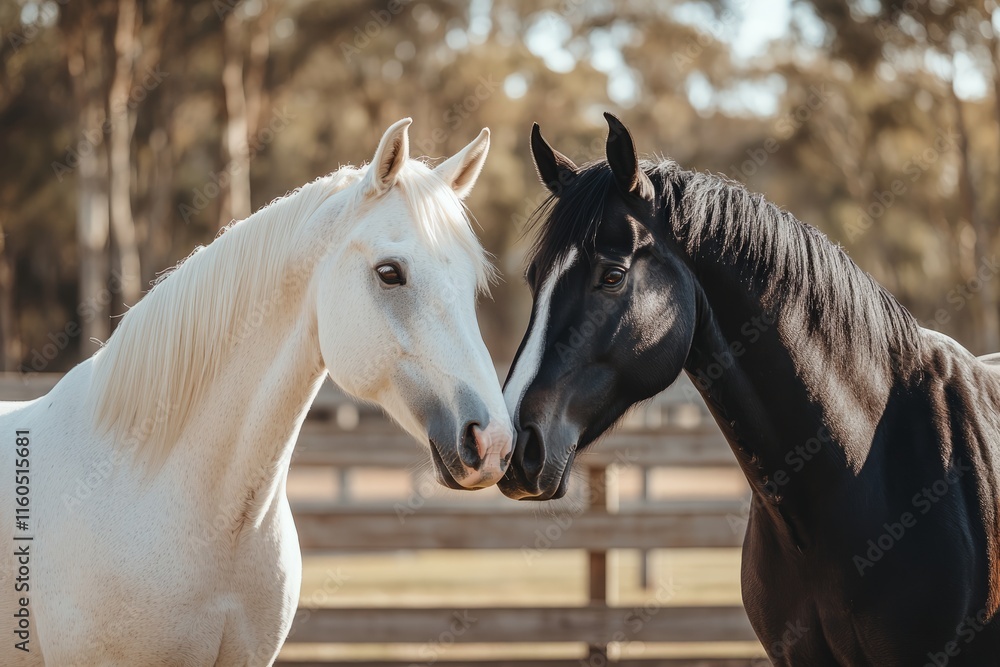 Obraz premium White and black horses show affection by touching noses in nature background