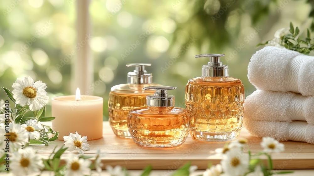 Spa products, chamomile, towels, candle, wood. Spa products, chamomile, towels, candle, wood.