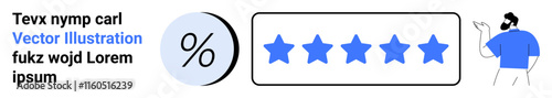 5-star rating system, percentage icon, person celebrating success. Ideal for reviews, feedback, testimonials, customer satisfaction, ratings, e-commerce, client experiences. Landing page