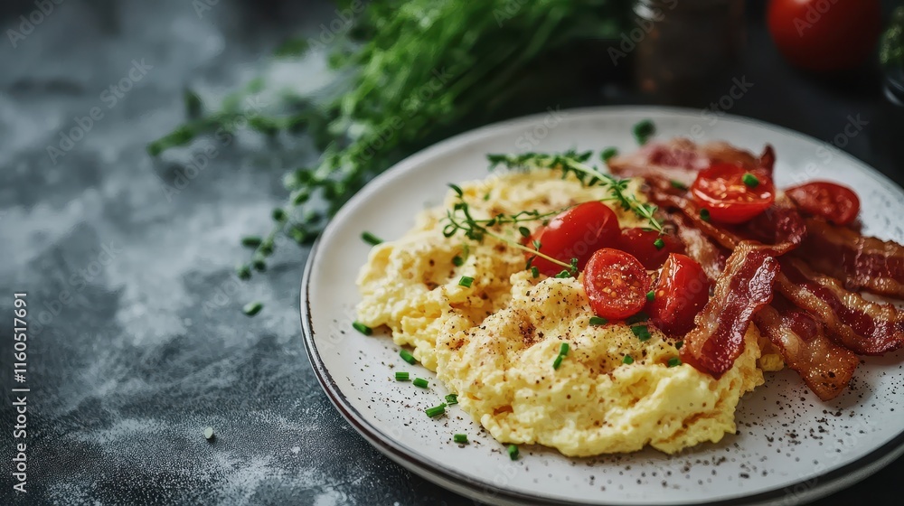 Fototapeta Scrumptious scrambled eggs with crispy bacon, juicy cherry tomatoes, and fresh herbs. Perfect for breakfast menus, food blogs, or healthy eating content.