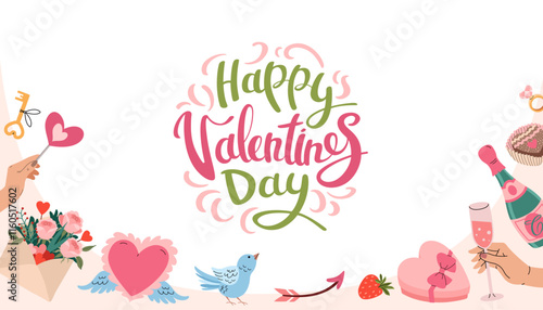 Valentine's Day banner. Horizontal invitation background. Cute frame with romantic elements. Hand lettering, heart with angel wings, flowers, champagne, chocolate, arrow, bird. Vector illustration.