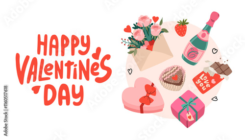 Happy Valentines day banner with set of delicious gifts and flowers. Hand groovy lettering. Bouquet with champagne and box of chocolates heart shape. Romantic background. Vector flat illustration.