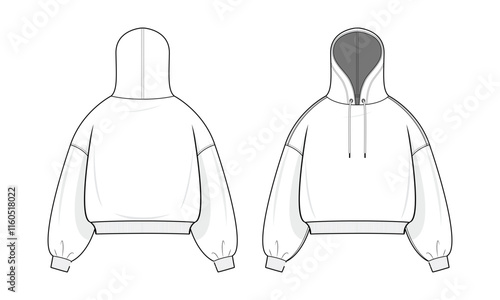 Basic Hoodie technical fashion illustration. hoodie vector template illustration. Front and back view. Oversized sleeve. Drop shoulder. Unisex. White color. CAD mockup.
