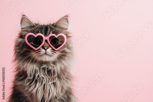 Adorable Maine Coon cat wearing pink heart-shaped glasses on pink background with empty space for text