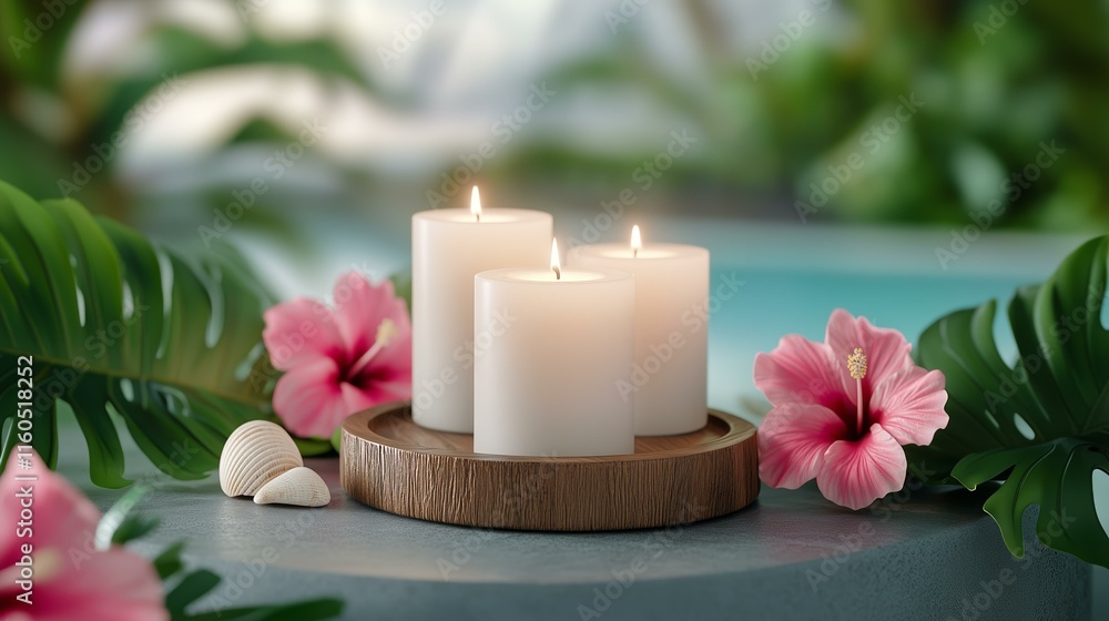 Serene poolside candle arrangement with tropical flowers and greenery Serene poolside candle arrangement with tropical flowers and greenery