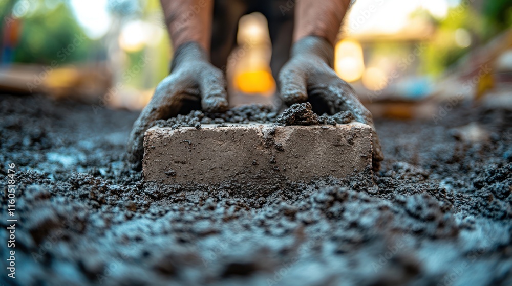 A person laying a block of concrete on a construction site, showcasing manual labor.